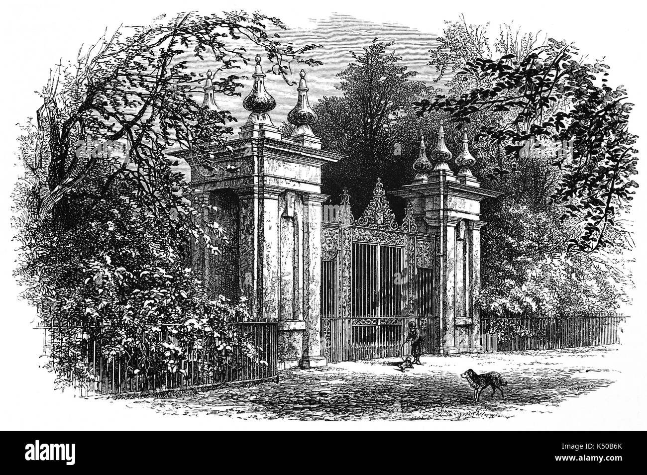 1870: il gateway al Trinity College, eventualmente date a 1680s quando parti formali del giardino sono stati stabiliti, Oxford University, Inghilterra Foto Stock