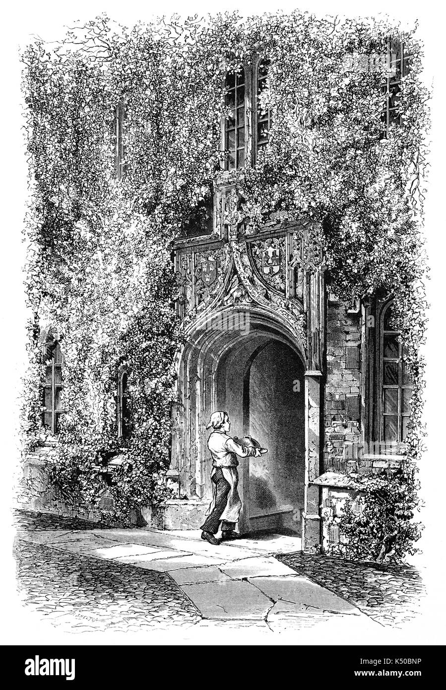 1870: Cuoco immettendo il Gateway di Jesus College, stabilito 1516, è un costituente college dell'Università di Cambridge, Inghilterra. Il collegio il nome completo è il Collegio della Beata Vergine Maria, di San Giovanni Evangelista e la gloriosa Vergine Santa Radegund. Il suo nome comune deriva dal nome della sua cappella, Gesù cappella. Inghilterra Foto Stock