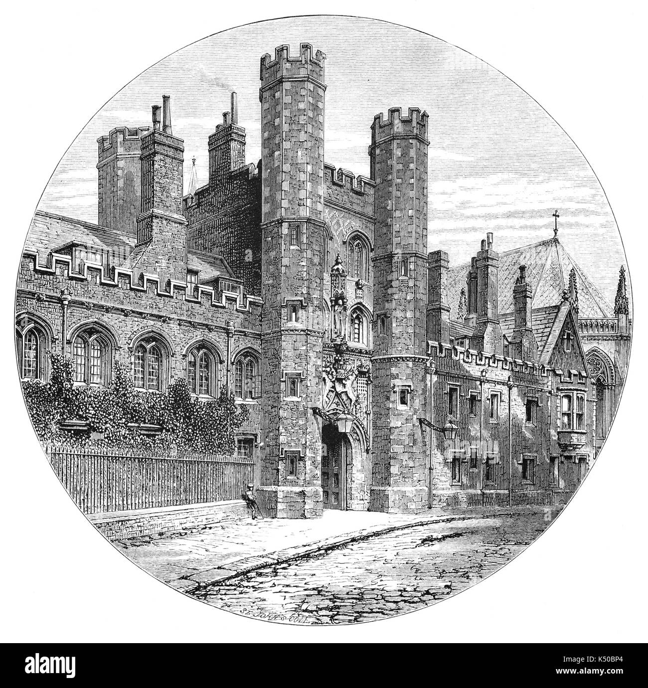 1870: l'ingresso principale a St John's College. Un costituente college della University of Cambridge è stata fondata da Lady Margaret Beaufort. In termini costituzionali, il collegio è una corporazione di beneficenza stabilito da una carta datata 9 aprile 1511. Gli scopi del collegio, come specificato dai suoi statuti, sono la promozione di istruzione, di religione, di apprendimento e di ricerca.Inghilterra Foto Stock