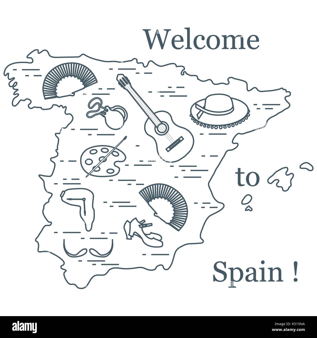 Illustrazione vettoriale con vari simboli di Spagna disposti in un cerchio. viaggi e tempo libero. design per banner, poster o di stampa. Illustrazione Vettoriale