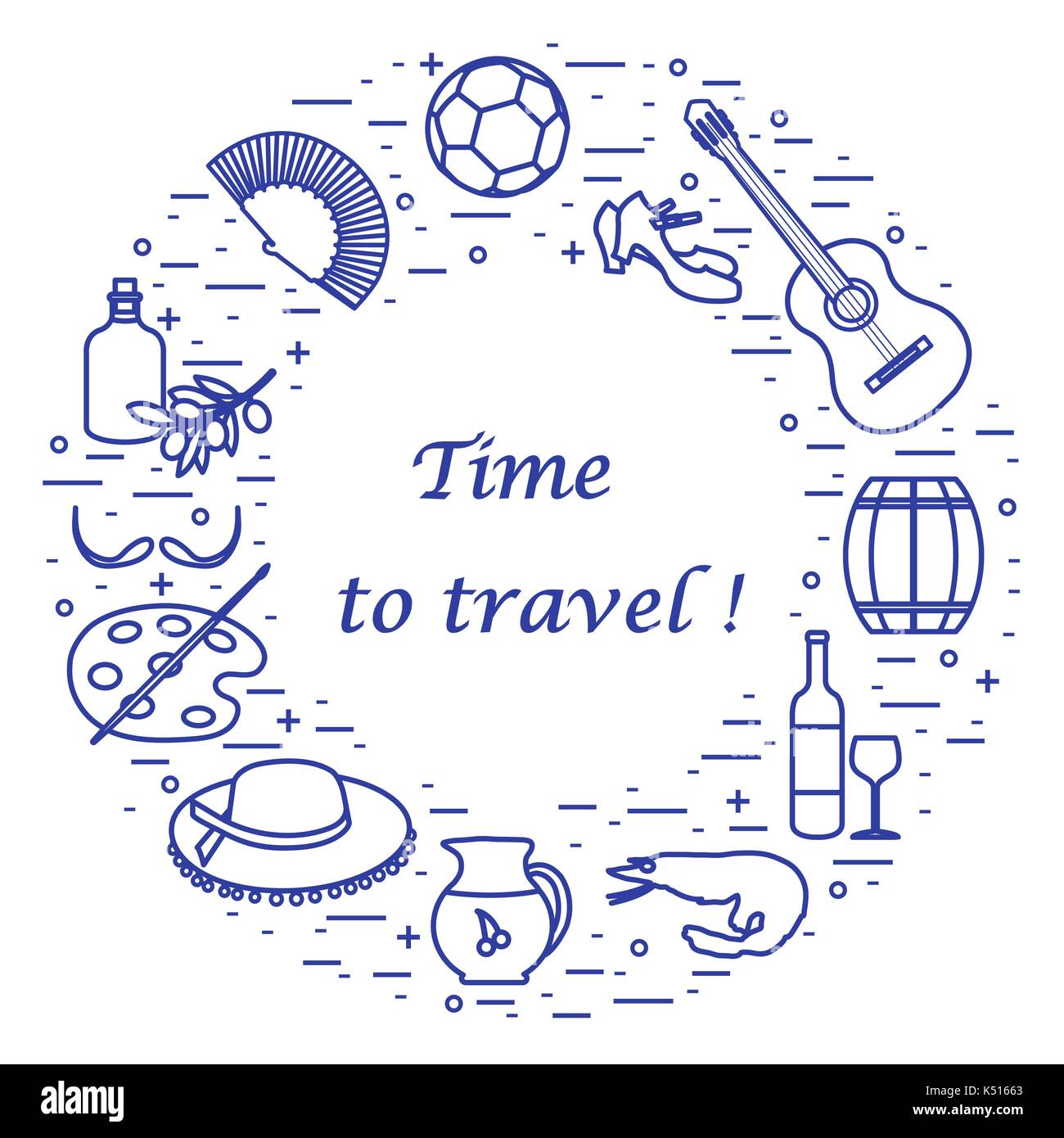 Illustrazione vettoriale con vari simboli di Spagna disposti in un cerchio. viaggi e tempo libero. design per banner, poster o di stampa. Illustrazione Vettoriale