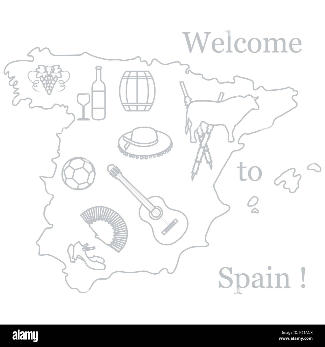 Illustrazione vettoriale con vari simboli della Spagna. viaggi e tempo libero. design per banner, poster o di stampa. Illustrazione Vettoriale