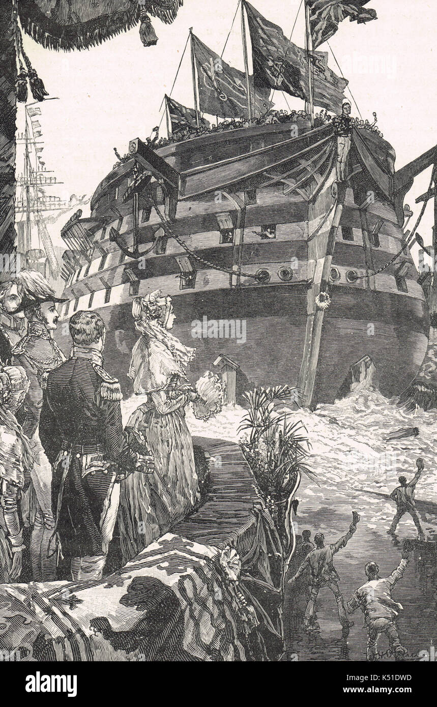 HMS Trafalgar lanciato dalla regina Victoria, 21 giugno 1841, Woolwich Dockyard, Londra Foto Stock