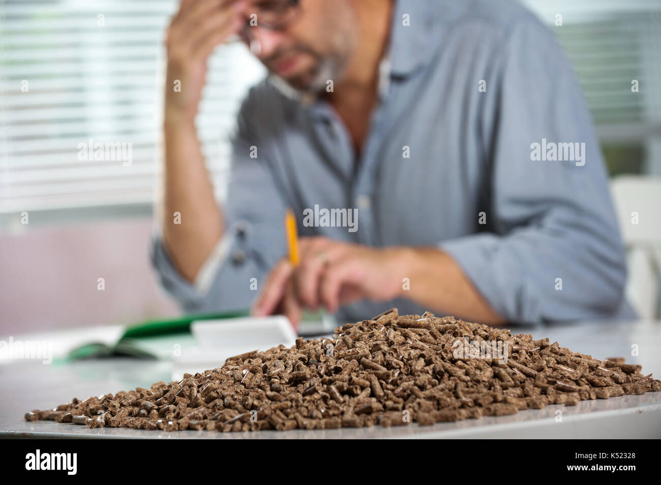 Uomo domestico di calcolo dei costi di riscaldamento. i pellet di legno, biomasse, efficace ed ecologica ed economica riscaldamento, sostenibile e renewabl Foto Stock