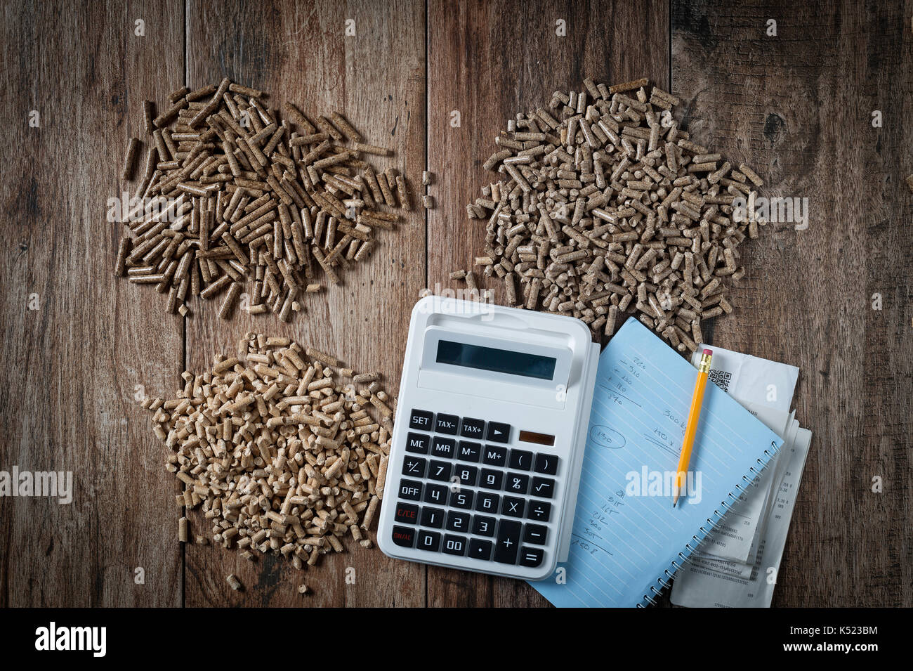 Famiglia di calcolo dei costi di riscaldamento tra diffenrent tipo di pellet pellet di legno, biomasse, efficace ed ecologica ed economica ha Foto Stock
