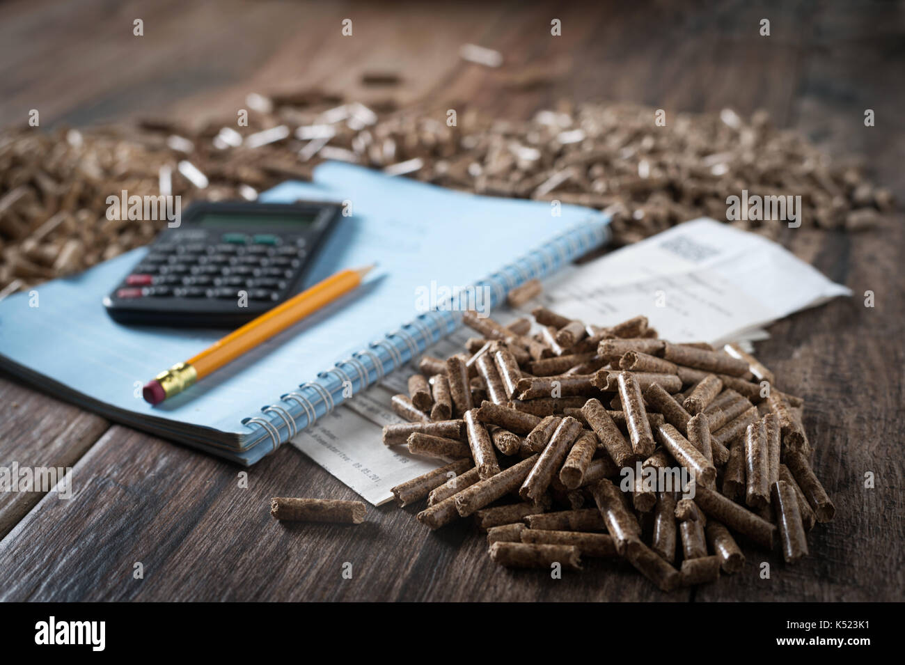 Famiglia di calcolo dei costi di riscaldamento. i pellet di legno, biomasse, efficace ed ecologica ed economica riscaldamento, sostenibile e rinnovabile en Foto Stock