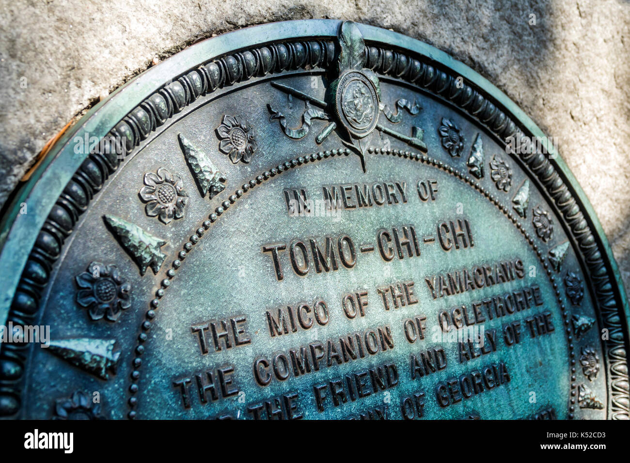 Savannah Georgia, storica Wright Square, luogo di sepoltura, monumento, Tomochichi, capo dei nativi americani, USA Stati Uniti America Nord America, GA170512077 Foto Stock