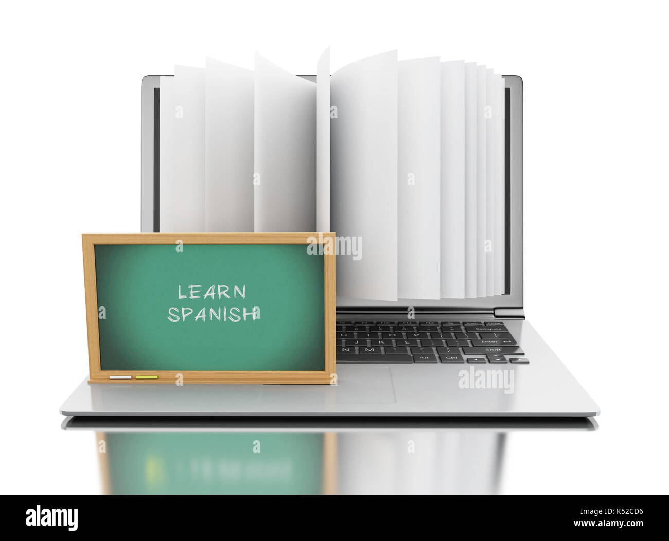 3d illustrazione. computer laptop con le pagine del libro e di 'imparare spagnolo" testo sulla lavagna. L'e-learning, biblioteca digitale ed educazione on line concept. iso Foto Stock
