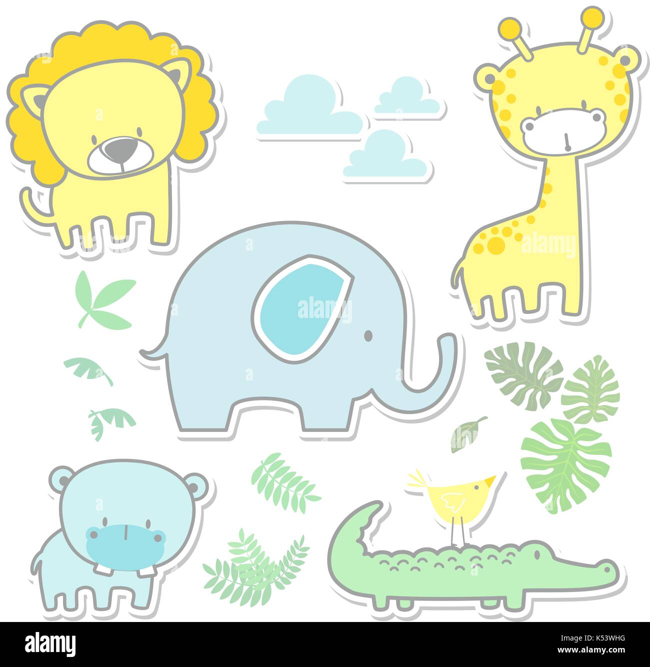 Vettore illustrazione cartoon di Sei simpatici baby animali e foglie di giungla isolata su sfondo bianco, ideale per vivaio arte decorazione o scrapbook Illustrazione Vettoriale