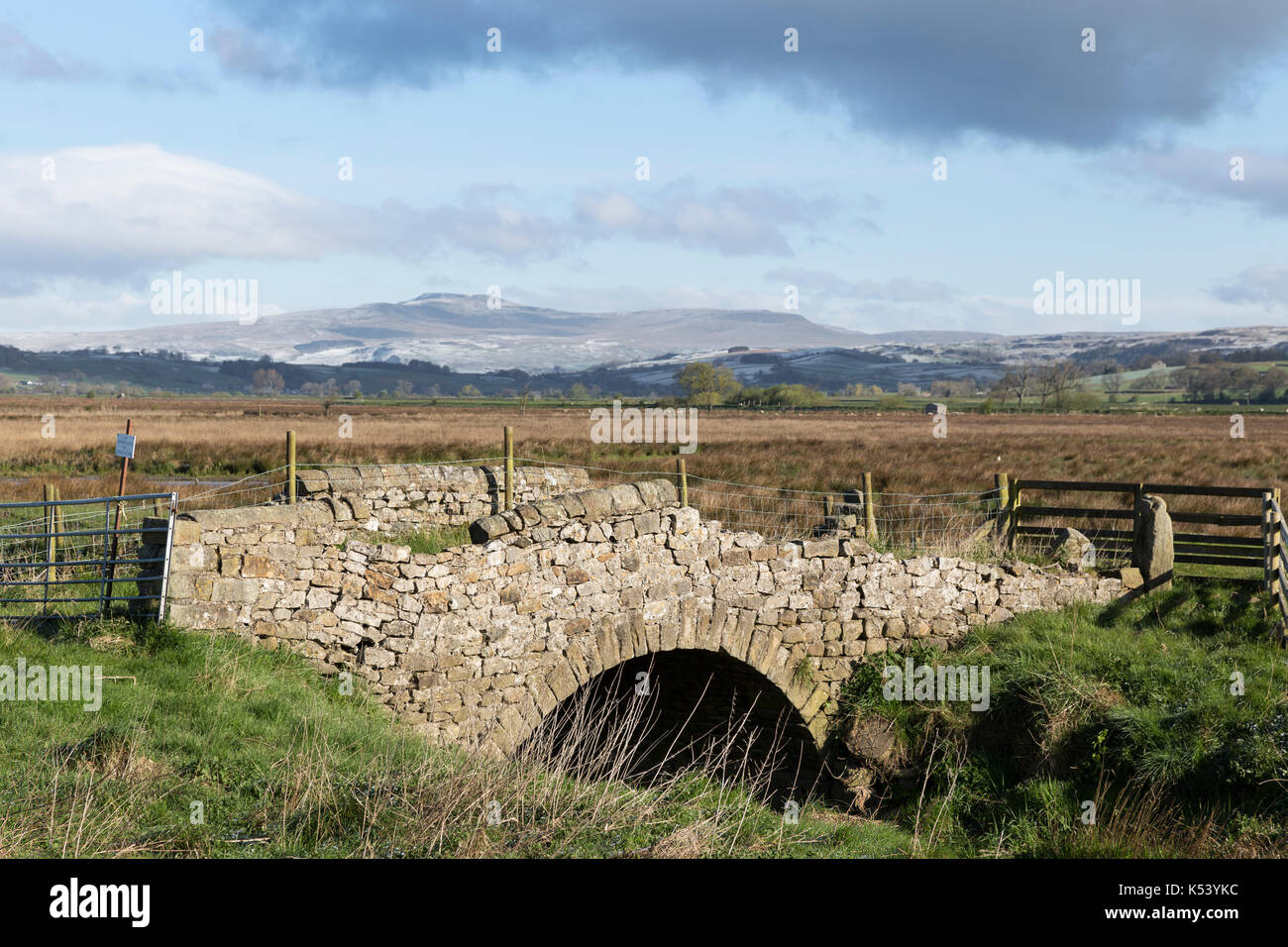 Un asciugabiancheria ponte verso il basso sul bordo di una palude in ribblesdale, vicino a long preston nel Yorkshire Dales, Inghilterra Foto Stock