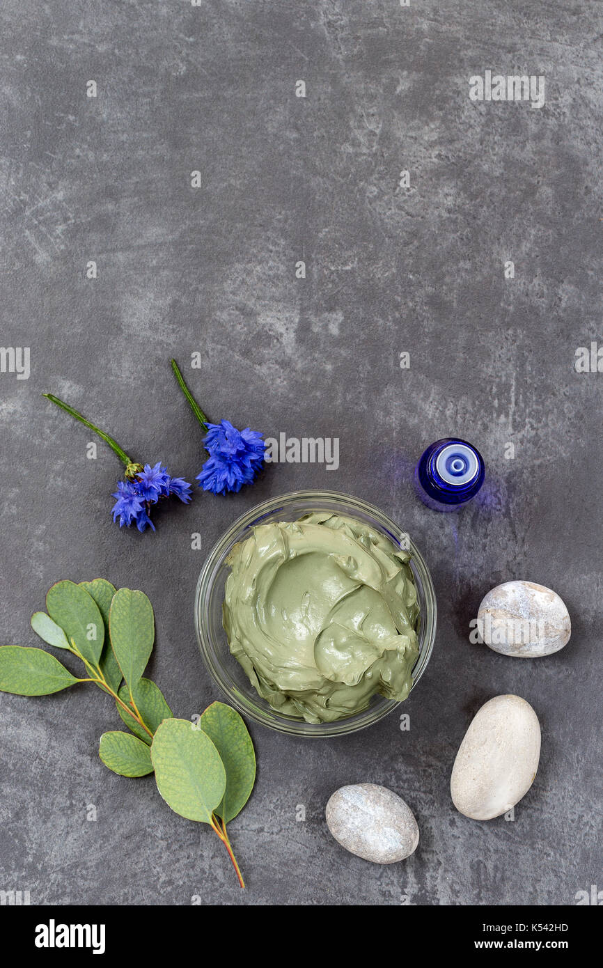 Olio essenziale di argilla di cosmetici e fiori e il ramo di eucalipto, pietre, per trattamenti spa, in recipiente di vetro su grigio ardesia sfondo Foto Stock