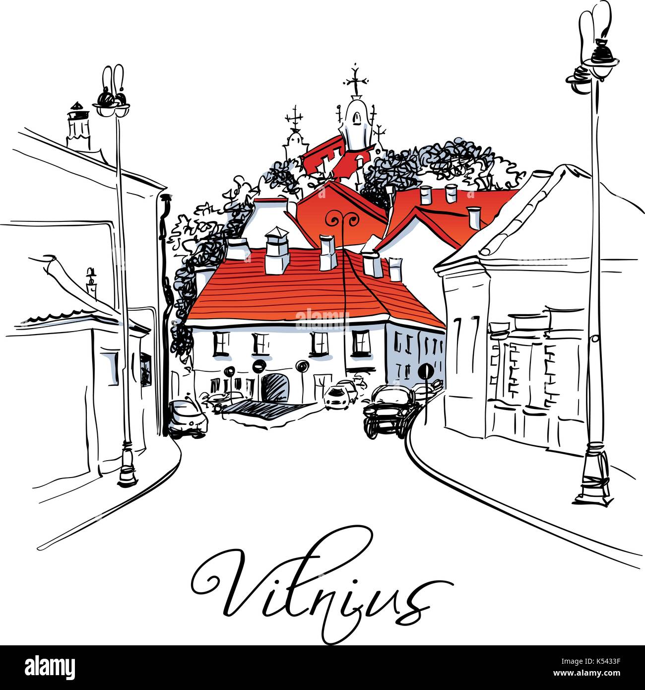Tipica strada nella città vecchia di Vilnius, Lituania Illustrazione Vettoriale