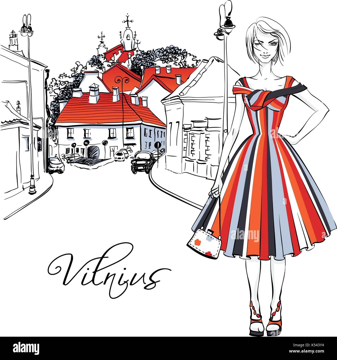 Ragazza alla moda nella città vecchia di Vilnius, Lituania Illustrazione Vettoriale