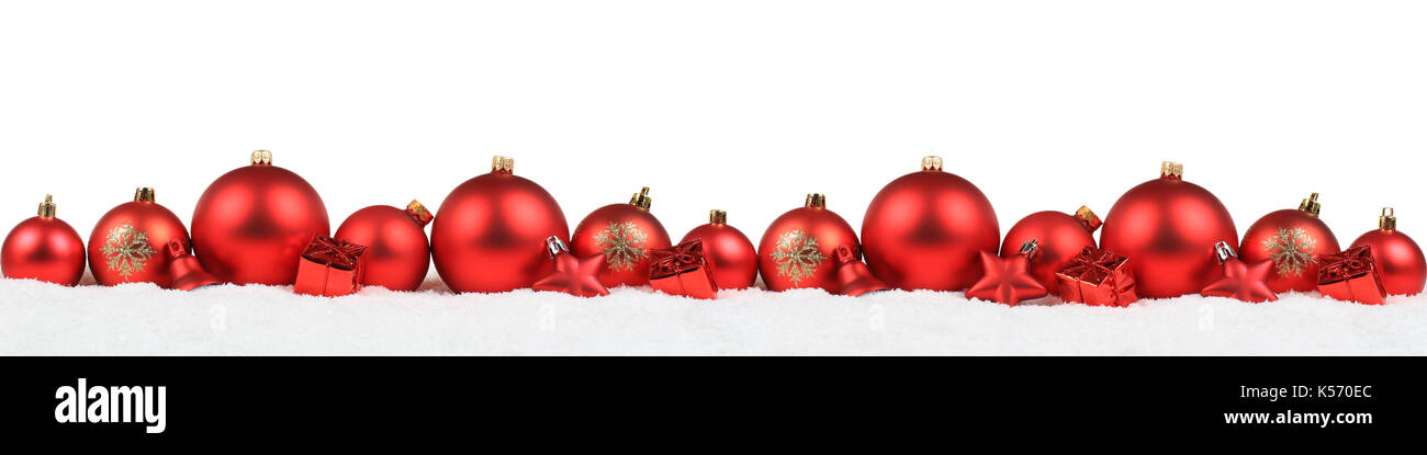 Le palle di Natale banner Decorazione rosso sfondo inverno Neve copyspace isolato spazio copia testo Foto Stock