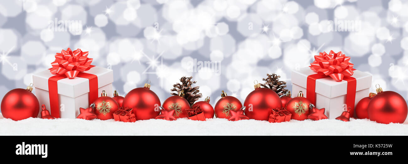 Regali di natale presenta sfere banner Decorazione stelle copyspace di sfondo spazio copia testo Foto Stock