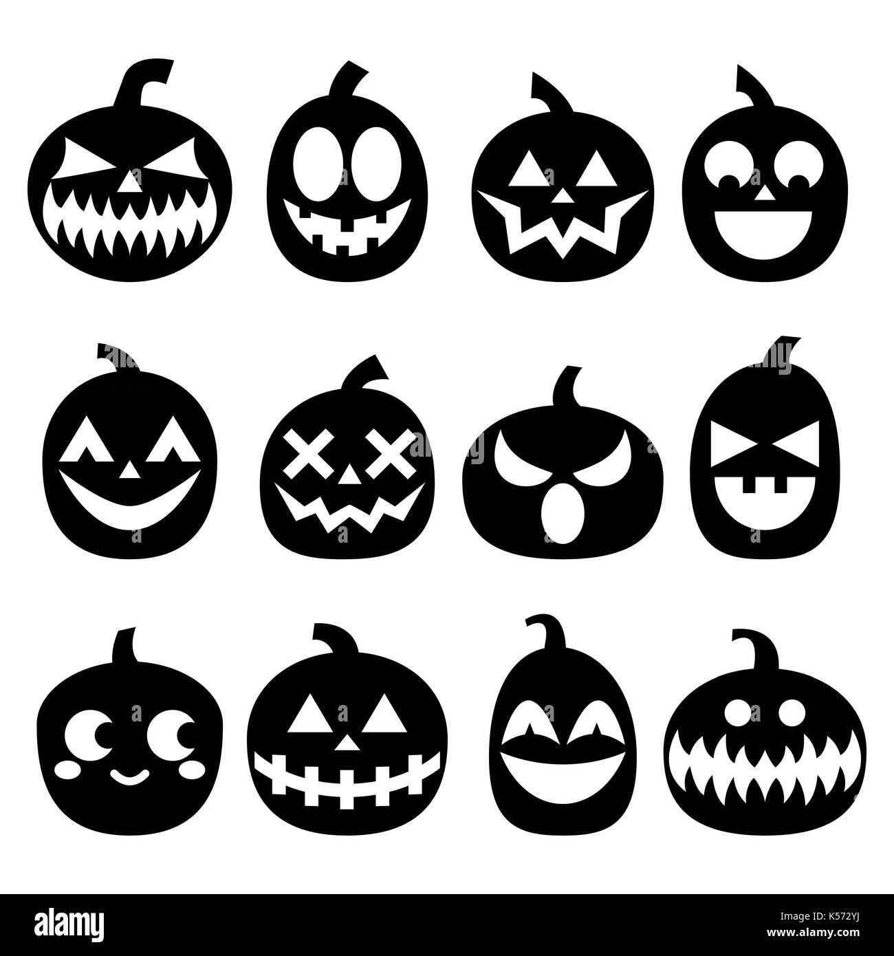 Vettore di zucca set di icone, Scary Halloween facce set design, horror decorazione in nero su sfondo bianco di zucca con facce spaventosa raccolta di icone Illustrazione Vettoriale