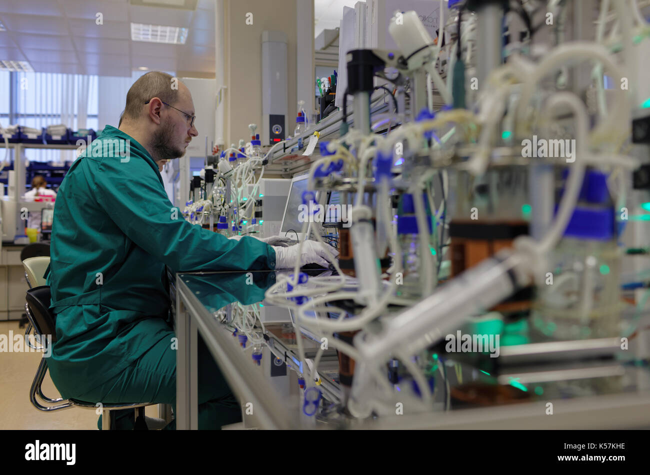 I ricercatori al lavoro nella biotecnologia High-Throughput Laboratorio di BIOCAD Foto Stock