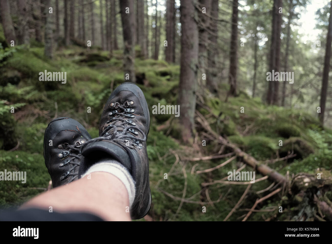 L'uomo le gambe in scarpe da trekking nella foresta selvaggia. adventure concept Foto Stock