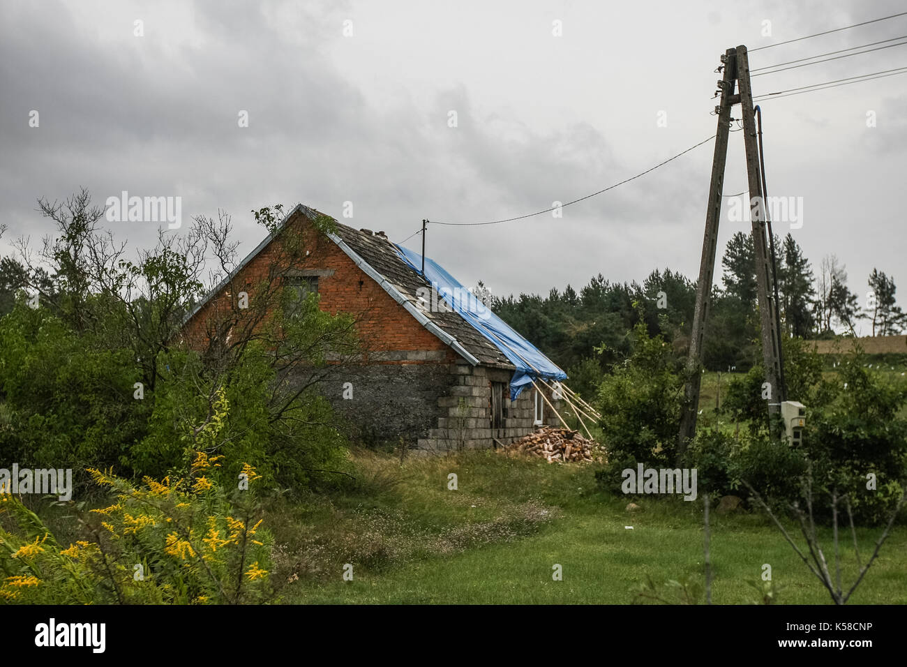 Trzebun, Polonia. 08 Sep, 2017. danneggiato durante il tragico storm casa è visto in trzebun, Polonia settentrionale il 8 settembre 2017 . ue membri parilament ha visitato le zone colpite dalla tragica tempesta nel mese di agosto 2017 in Polonia settentrionale. I parlamentari del po (civic paltform), mostrava i membri del Parlamento europeo gli effetti della tempesta, e chiesto sostegno per la popolazione colpita. Credito: Michal fludra/alamy live news Foto Stock