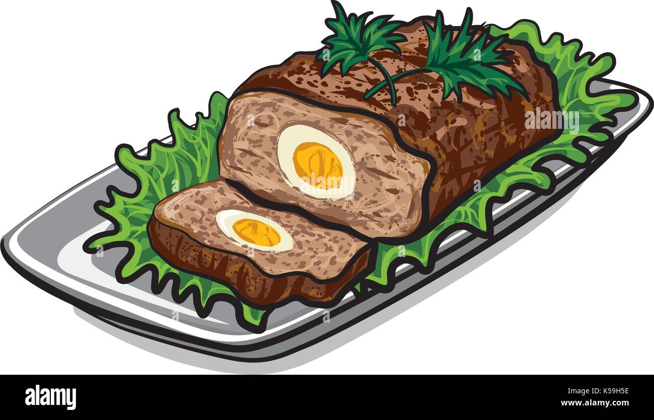 Illustrazione del preparato pagnotta di carne con uovo e lattuga su piastra Illustrazione Vettoriale