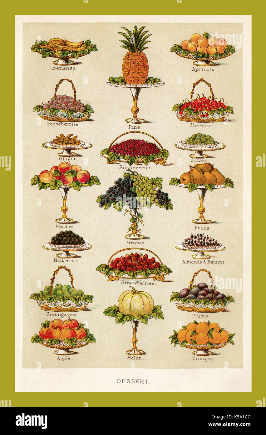 VICTORIAN dolci di frutta 1800 Mrs Beeton di piatti dolci litografia illustrazione pagina, dal libro di gestione di tipo familiare 1880 Frutta fresca dessert Foto Stock