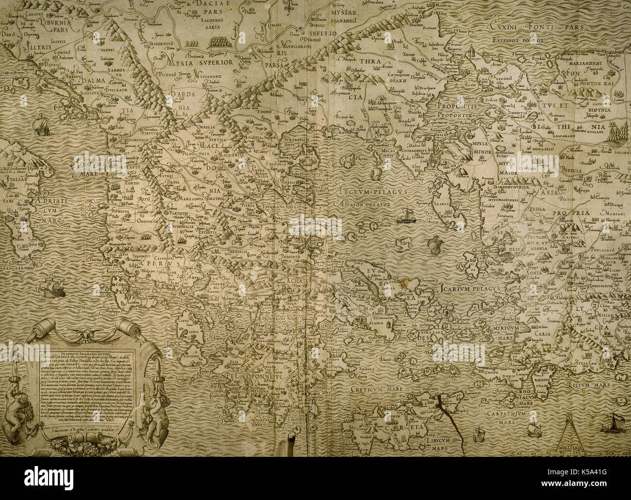 Mappa di Grecia e le sue isole. Incisione italiana del XVI secolo. Foto Stock