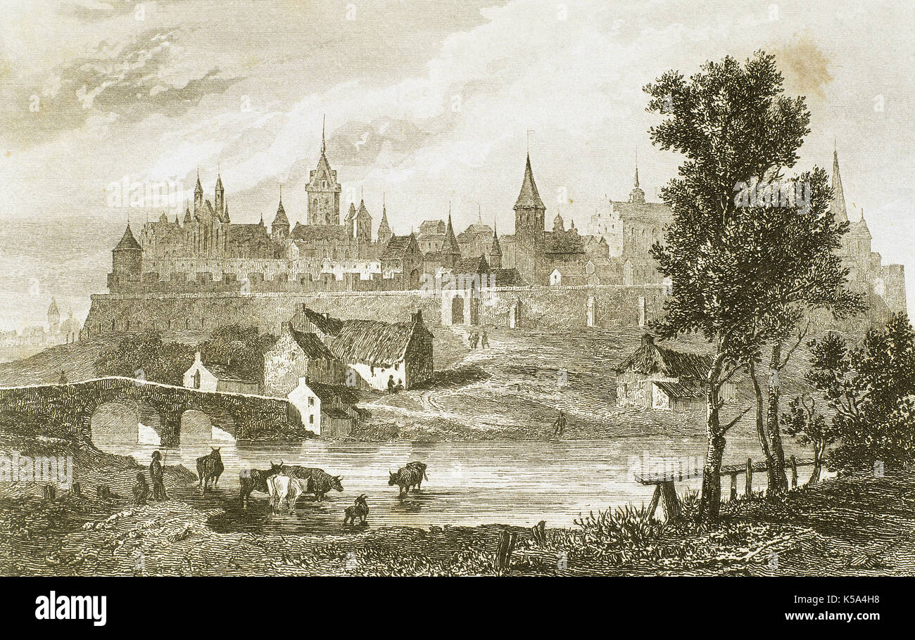 Malbork. La Polonia. Città fondata nel XIII secolo dai Cavalieri Teutonici con il nome di Marienburg. Incisione del XIX secolo. Foto Stock