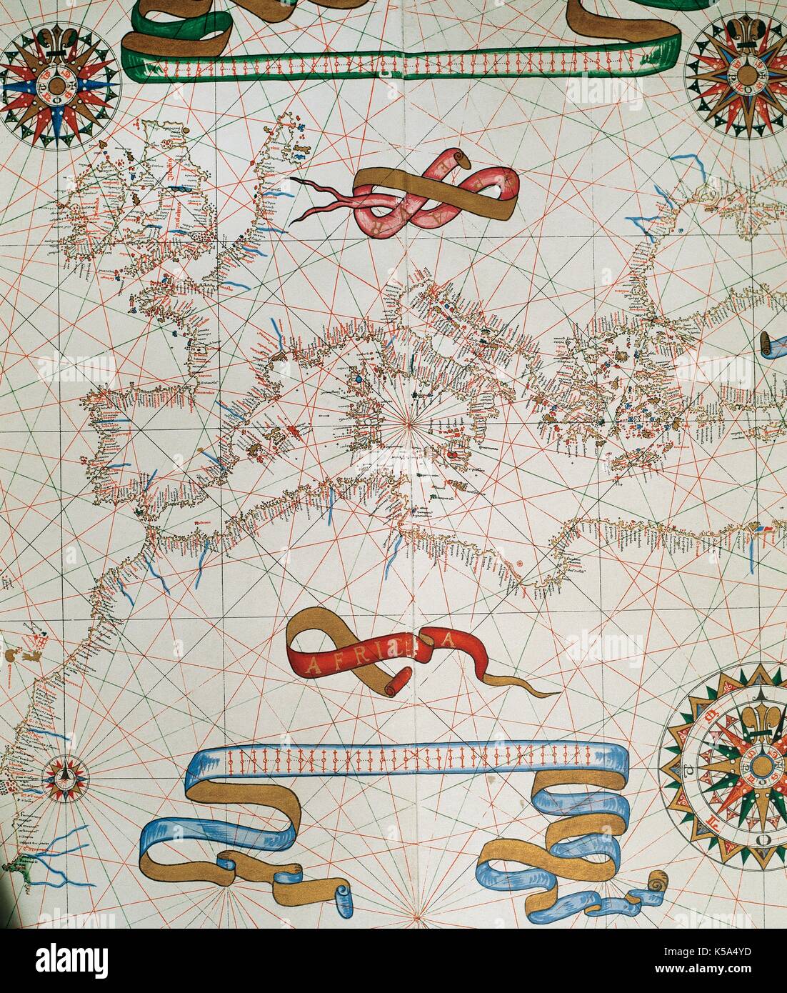 Mappa di Europa e delle coste del nord Africa. Lettera nautico (Portulan) da Joan Martines. Messina, Sicilia, 1587. Foto Stock