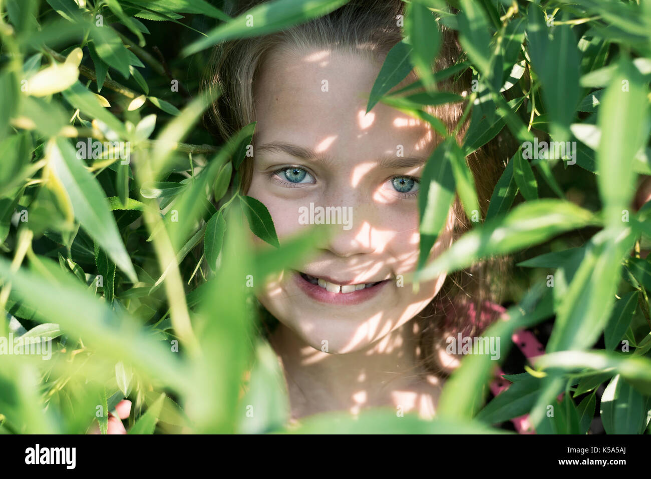 Ritratto di ragazza sorridente dietro molte foglie verdi di Willow Tree Foto Stock