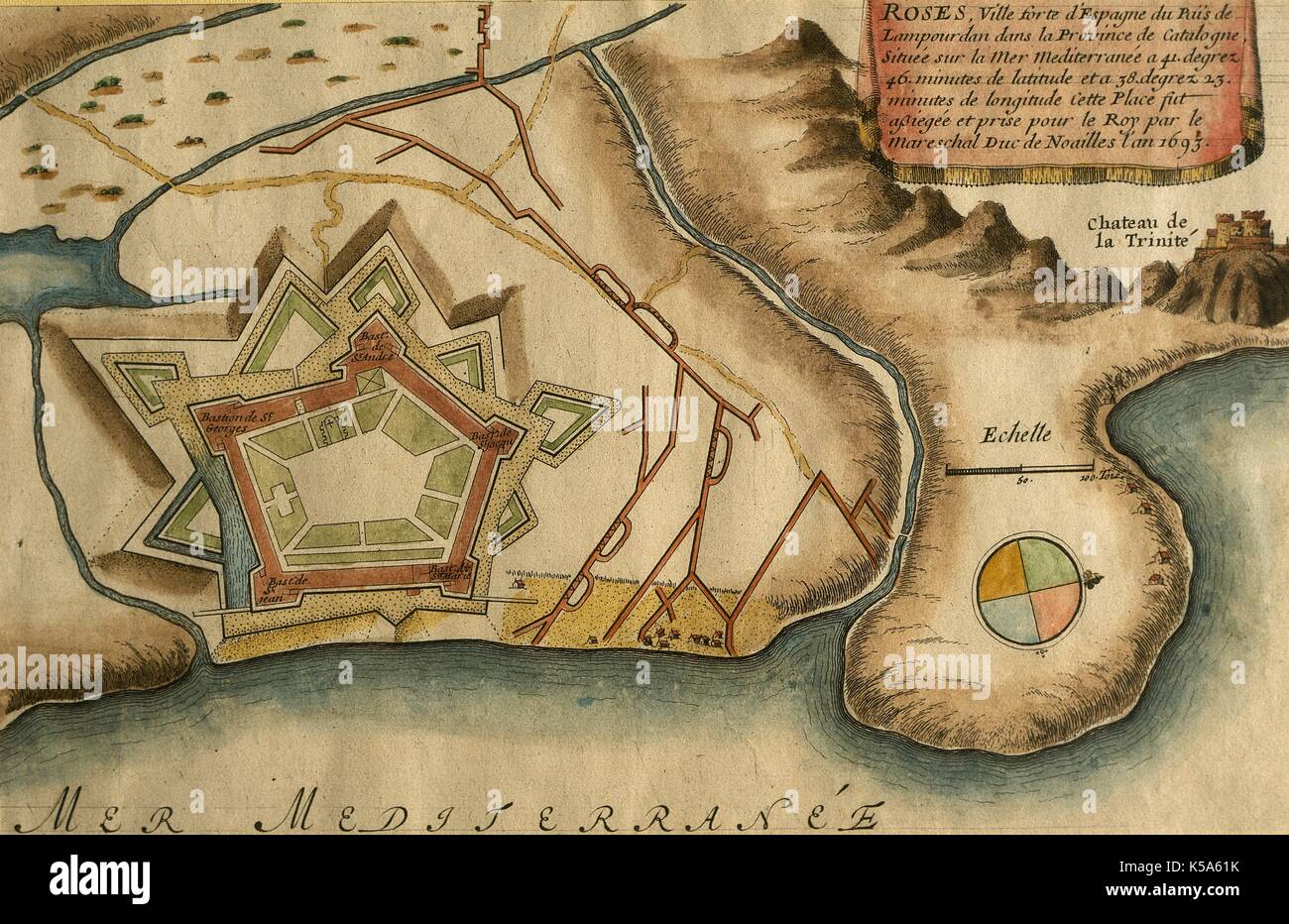 Castello di rose (provincia di Girona, in Catalogna, Spagna). Piano del castello e la cittadella. Villaggio preso dal duca di Noailles (1650-1708), comandante delle truppe francesi in Catalogna (189-1695). Cartografia francese di quel tempo. Foto Stock