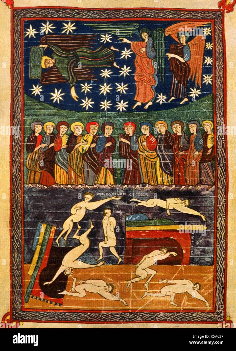 Il beato di Valcavado (970). Decimo secolo. Codice miniato. Chiamato anche il Beato di Valladolid. Rappresentazione del giudizio di Dio. Biblioteca del Colegio Mayor de la Santa Cruz. (Valladolid Castiglia e Leon, Spagna). Foto Stock