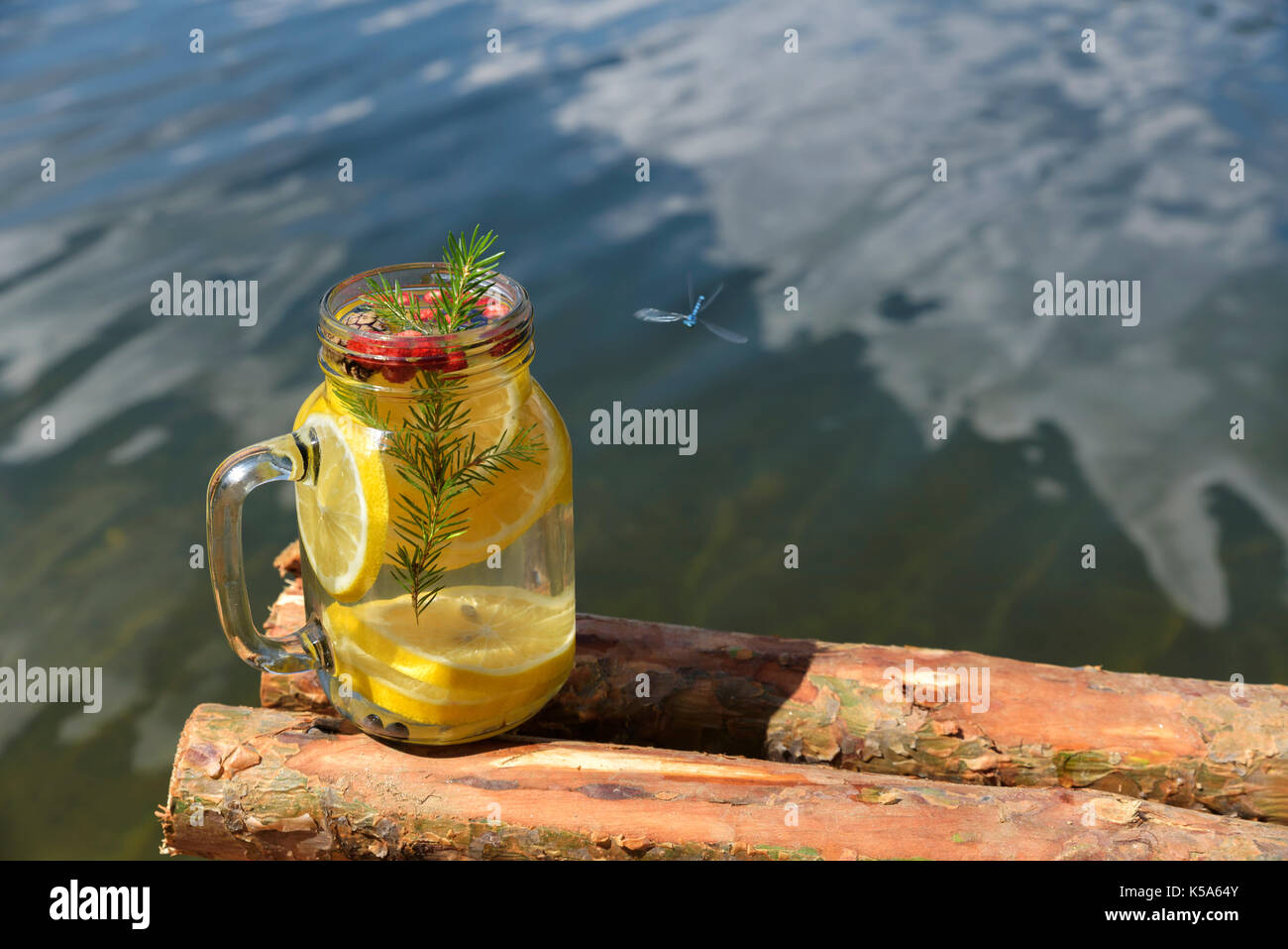 Acqua infusa con fragole selvatiche limone e mirtilli Foto Stock