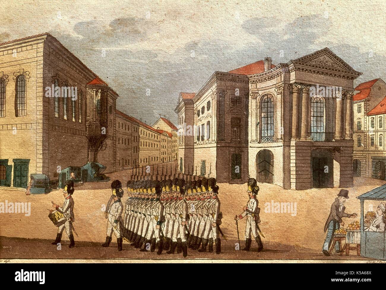 Impero austro-ungarico. Teatro Nazionale di Praga durante l'occupazione austriaca. Sfilando le truppe. La litografia. Museo mozartiano, Praga. Repubblica ceca. Foto Stock
