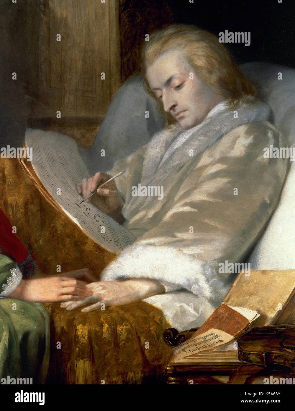 Wolfgang Amadeus Mozart (1756-1791). Il compositore austriaco. Mozart compone il Requiem. Dipinto di William James Grant (1854). Dettaglio. Foto Stock