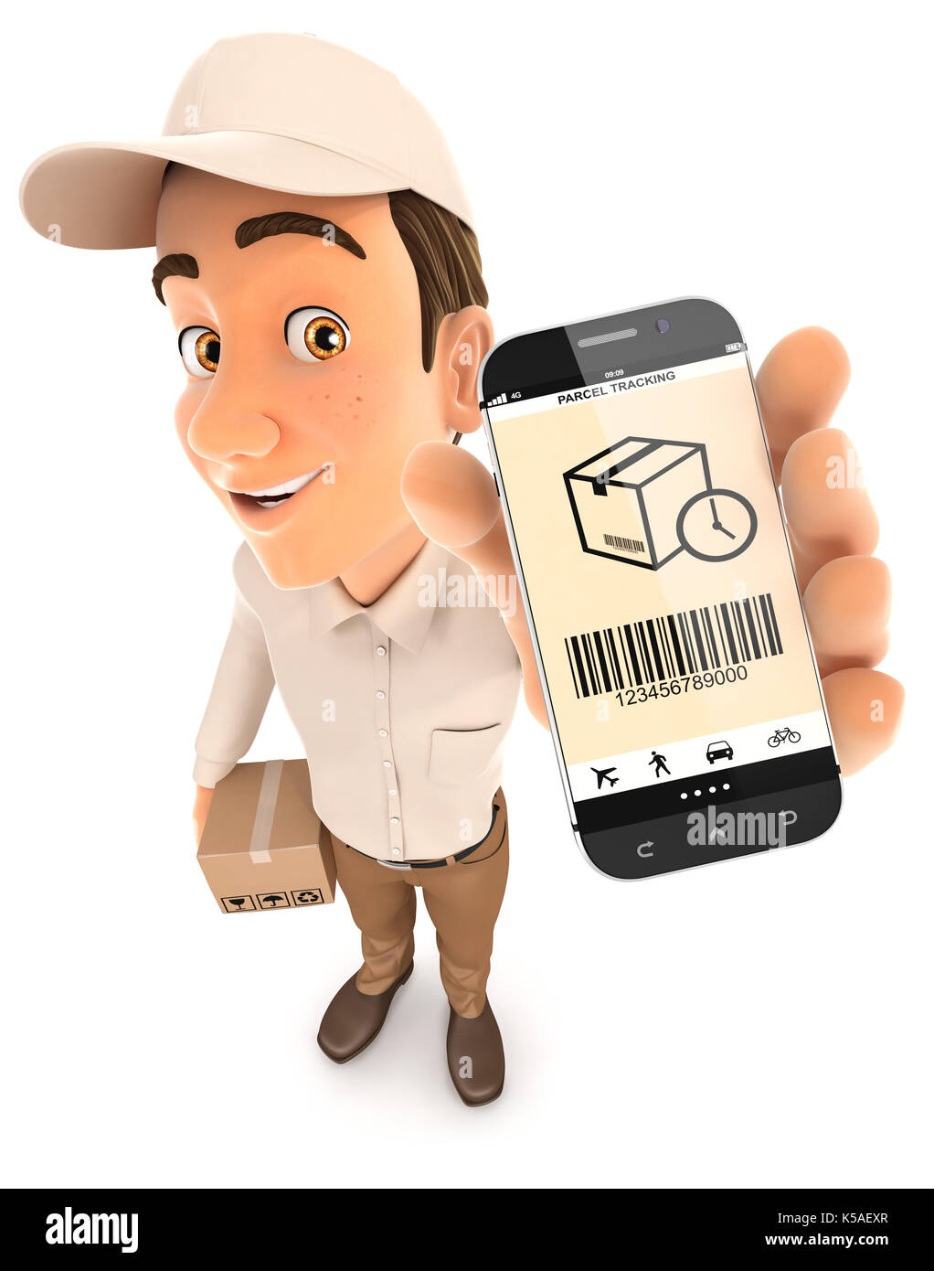 3d uomo consegna tenendo lo smartphone, illustrazione isolato con sfondo bianco Foto Stock