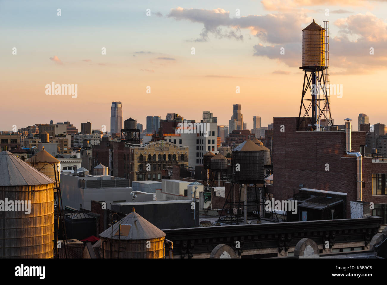 Estate al tramonto con il Chelsea i tetti e le torri d'acqua. Manhattan, New York City Foto Stock