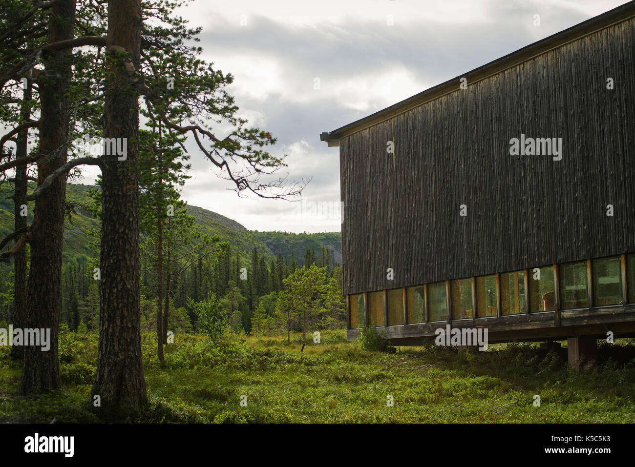 Centro visitatori nelle montagne svedese con una bella architettura situato presso il parco nazionale Fulufjället nel nord di Dalarna. Foto Stock