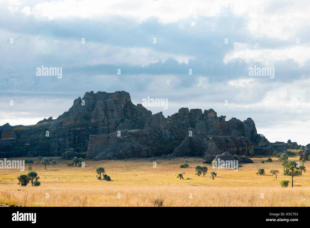 Formazioni di arenaria che fuoriescono dalla prateria, Isalo National Park, Madagascar Foto Stock