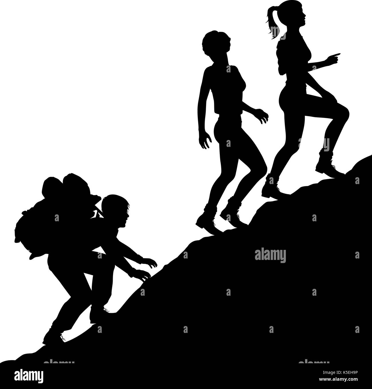 Vettore modificabile silhouette di un giovane uomo che porta una borsa pesante su una montagna per due attraenti donne giovani con figure come oggetti separati Illustrazione Vettoriale