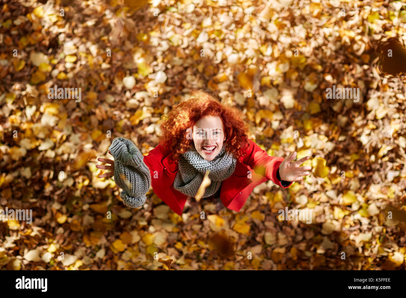 Felice giovane donna in legno in autunno Foto Stock