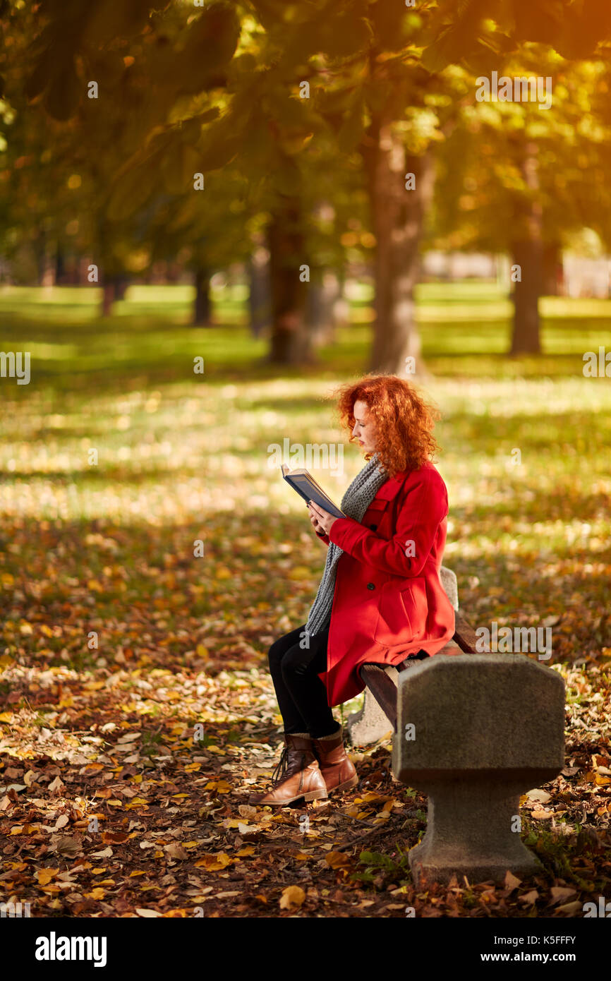 Curly redhead donna leggere il libro nel parco in autunno Foto Stock