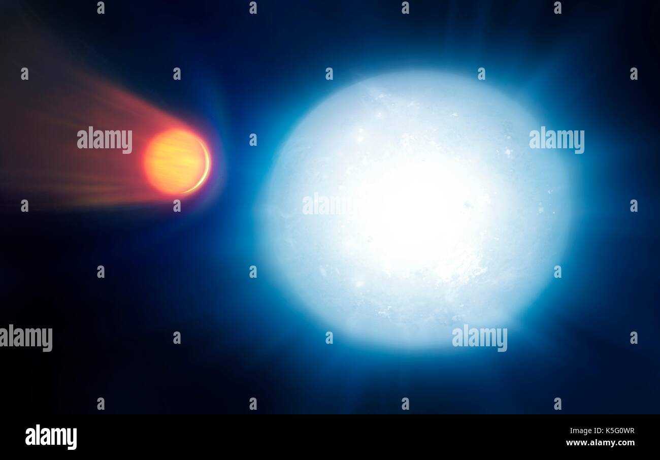 Artista della impressione del sapere più caldi exoplanet, Kelt-9b. Kelt-9 è un caldo, di tipo a stella con una temperatura di quasi due volte quella del Sole gli astronomi hanno scoperto un pianeta extrasolare in orbita questa stella a tale vicinanza che compie un'orbita in una mera 36 ore. Questo significa che il pianeta è la più calda, a circa 4600 Kelvin, rispetto la maggior parte delle stelle. L'inarrestabile la radiazione proveniente dalla stella sta evaporando il pianeta a un ritmo fenomenale. Dieci miliardi di grammi di materia vengono strappati dal pianeta ogni secondo, formando una cometa-come la coda dietro di esso. Foto Stock