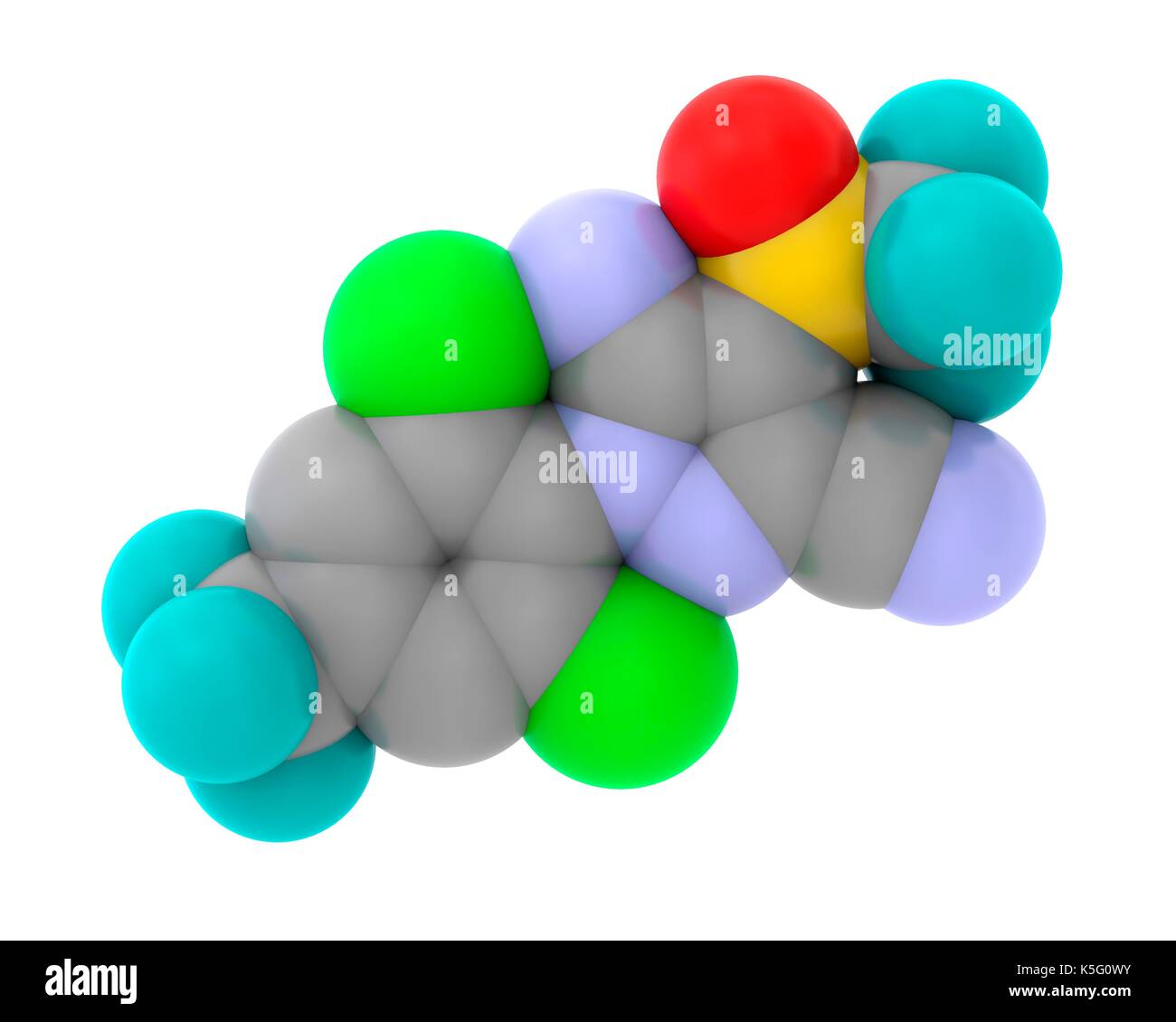 Fipronile insetticida, riempimento dello spazio modello molecolare. Gli atomi sono rappresentati come sfere con codifica colore: carbonio (grigio), Ossigeno (rosso), Azoto (blu), cloro (verdi), fluoro (ciano), zolfo (giallo). Idrogeni sono nascosti. Foto Stock