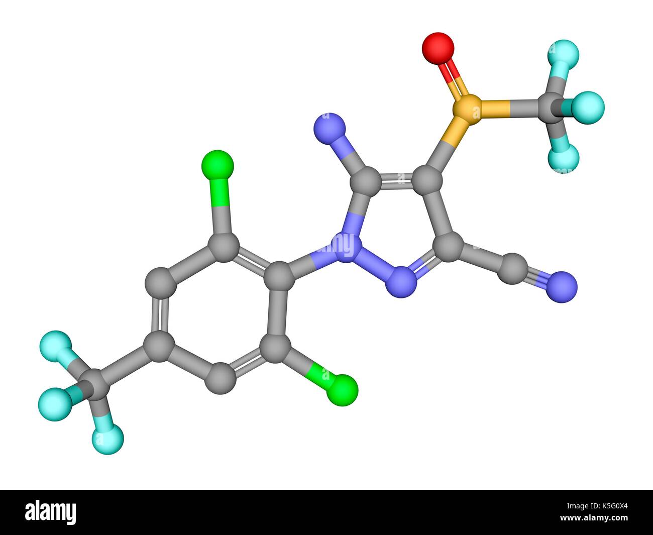 Fipronile insetticida, sfera e stick modello molecolare. Gli atomi sono rappresentati come sfere con codifica colore: carbonio (grigio), Ossigeno (rosso), Azoto (blu), cloro (verdi), fluoro (ciano), zolfo (giallo). Idrogeni sono nascosti. Foto Stock