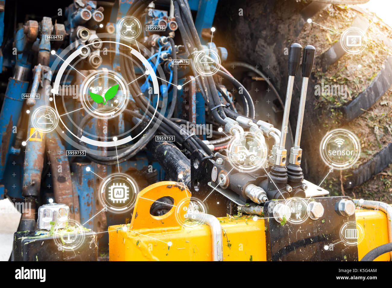 Smart agricoltura , tecnologia agricola concetto. Automazione trattore macchina precision farming sfondo icone e la grafica. Foto Stock Smart agricoltura , tecnologia agricola concetto. Automazione trattore macchina precision farming sfondo icone e la grafica. Foto Stock