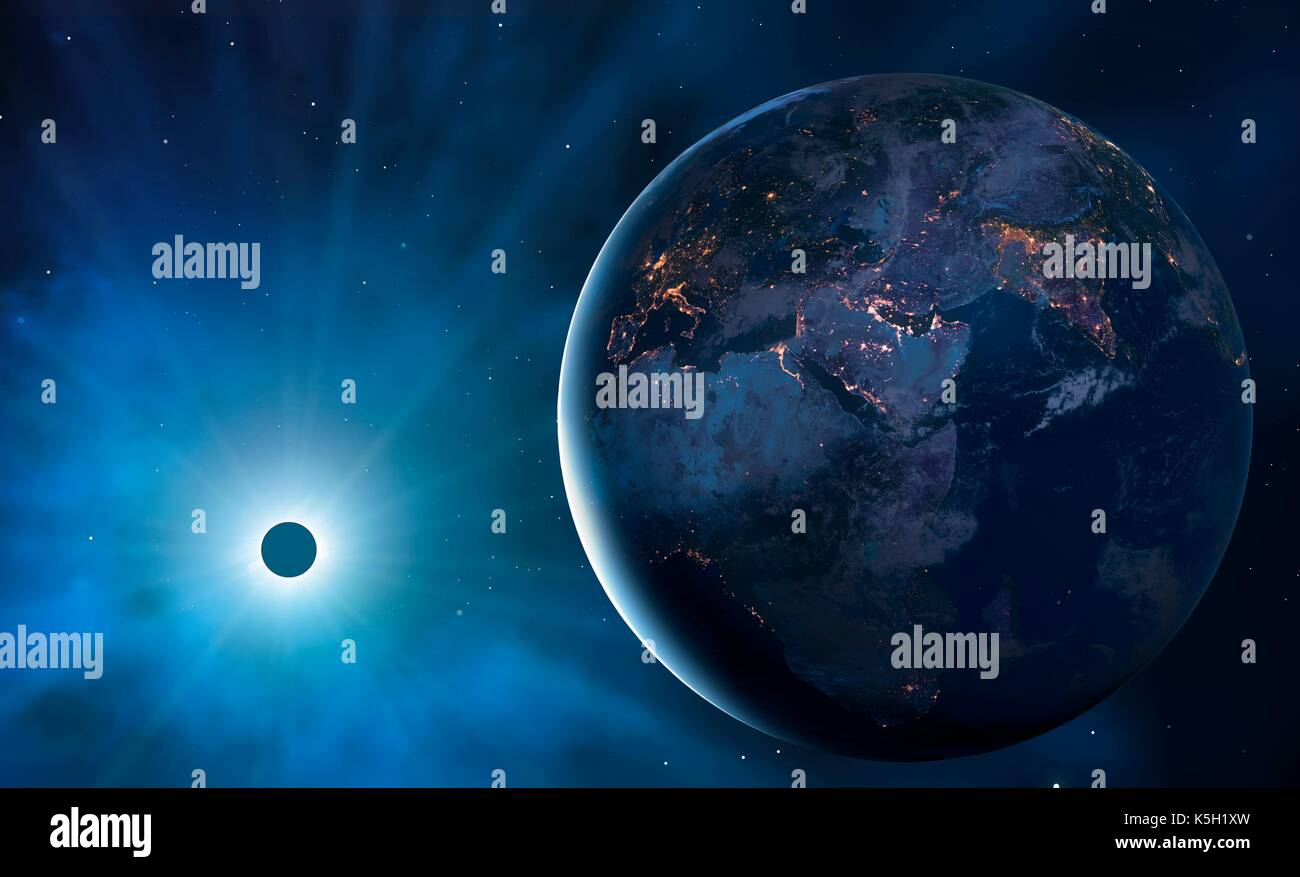 Illustrazione della Terra dallo spazio durante un eclissi solare, mostrando una grande proporzione del pianeta nelle tenebre. Le città sono viste scintillanti, che definiscono i bordi dei continenti. Questa vista mostra Africa, Europa e Asia. Foto Stock