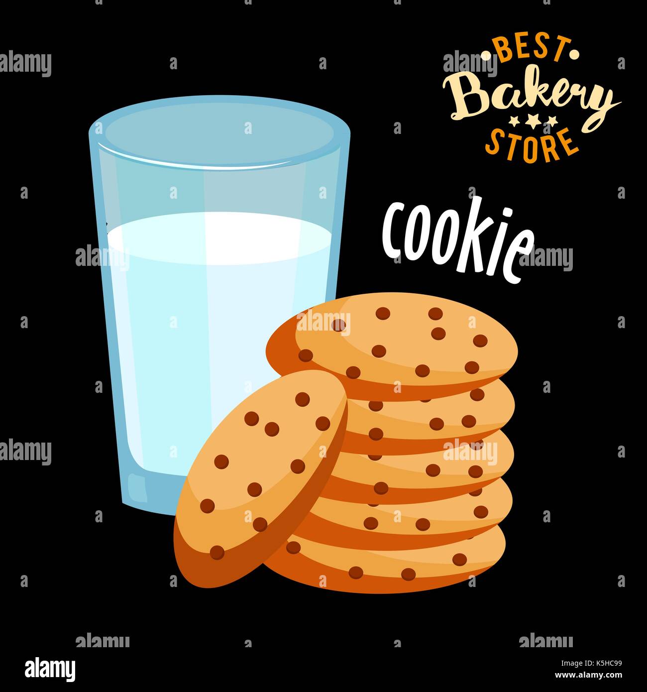 I biscotti al cioccolato e un bicchiere di latte caldo vettore. pane cotto prodotto. Illustrazione Vettoriale