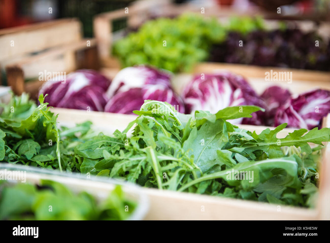 Dettaglio di insalata di rucola sul mercato in stallo il fuoco selettivo con varie verdure colorate in background Foto Stock