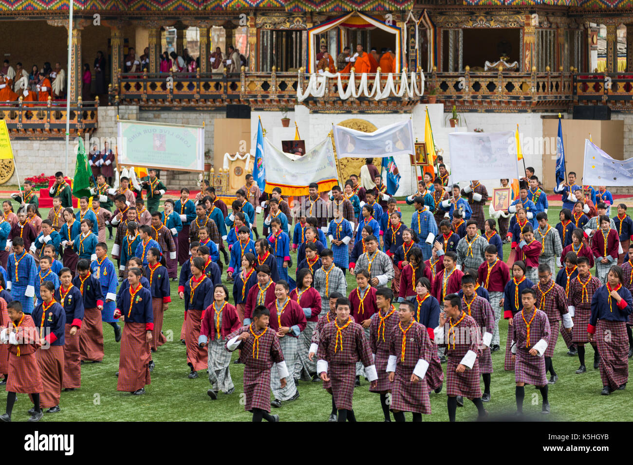 Il re della festa di compleanno al changlimithang stadium di Thimphu, western bhutan Foto Stock