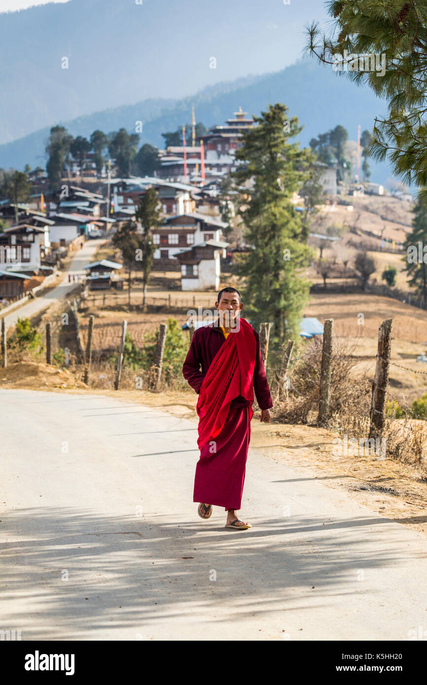 Monaco a piedi giù per la strada dal monastero gangtey nella valle di phobjikha, western bhutan Foto Stock